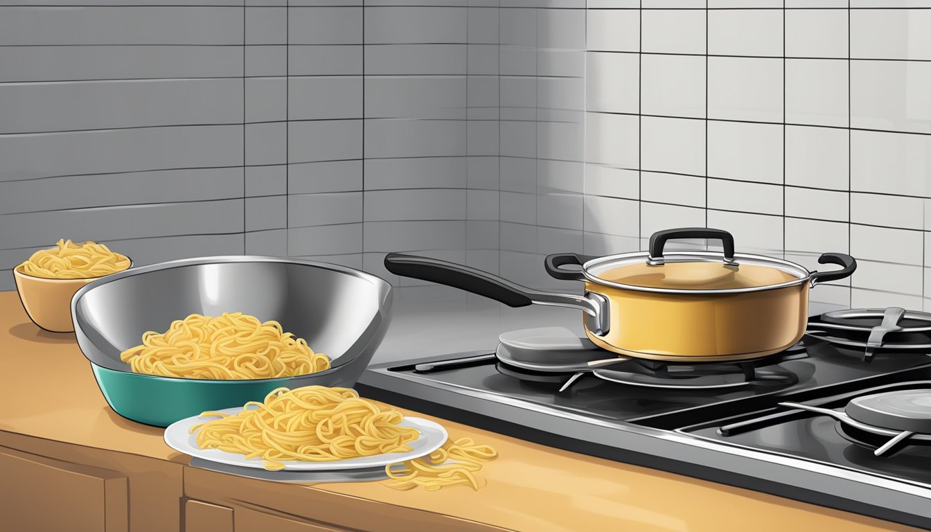 A pot of boiling pasta roni on the stove, a timer set, and a fork testing the texture