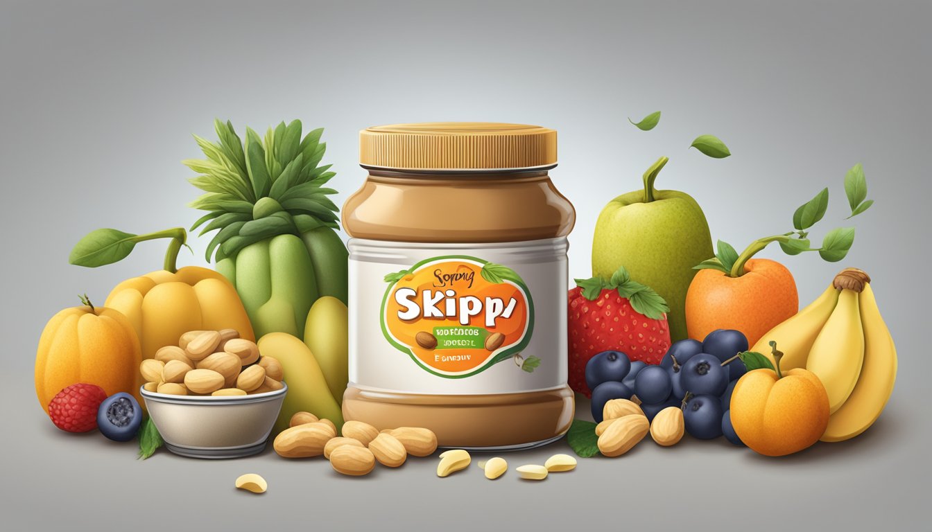 A jar of Skippy peanut butter surrounded by fresh peanuts and a variety of fruits and vegetables