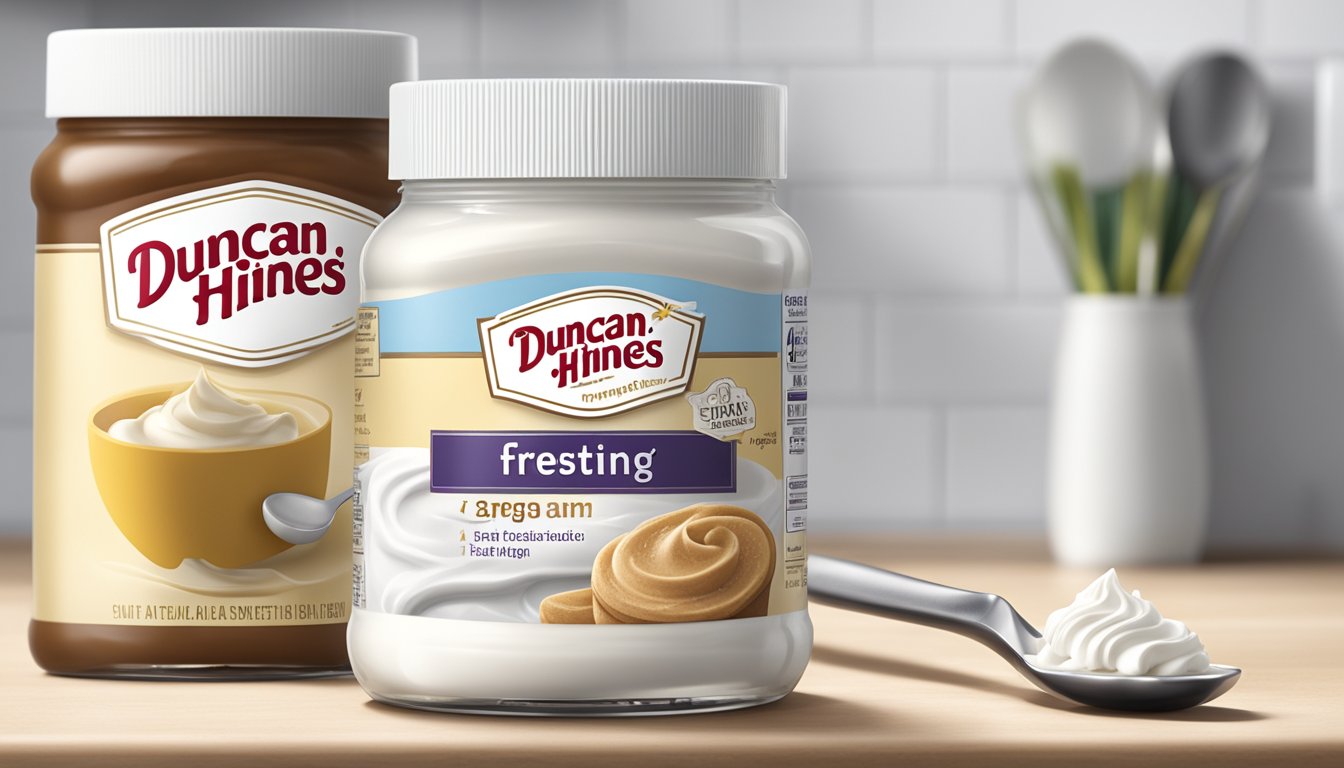 A jar of Duncan Hines frosting sits on a clean, white kitchen counter next to a spoon