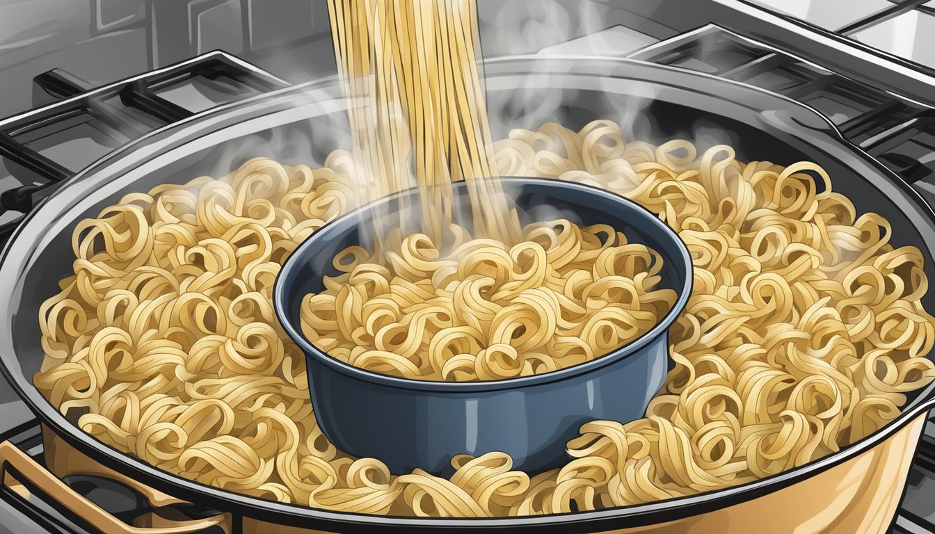 A pot of undercooked Pasta Roni sits on a stove, steam rising from the partially cooked noodles