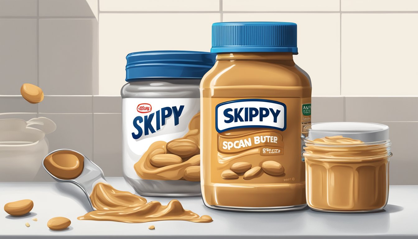 A jar of Skippy peanut butter sits on a clean, white countertop, with a spoonful of creamy, raw peanut butter scooped out, ready to be eaten