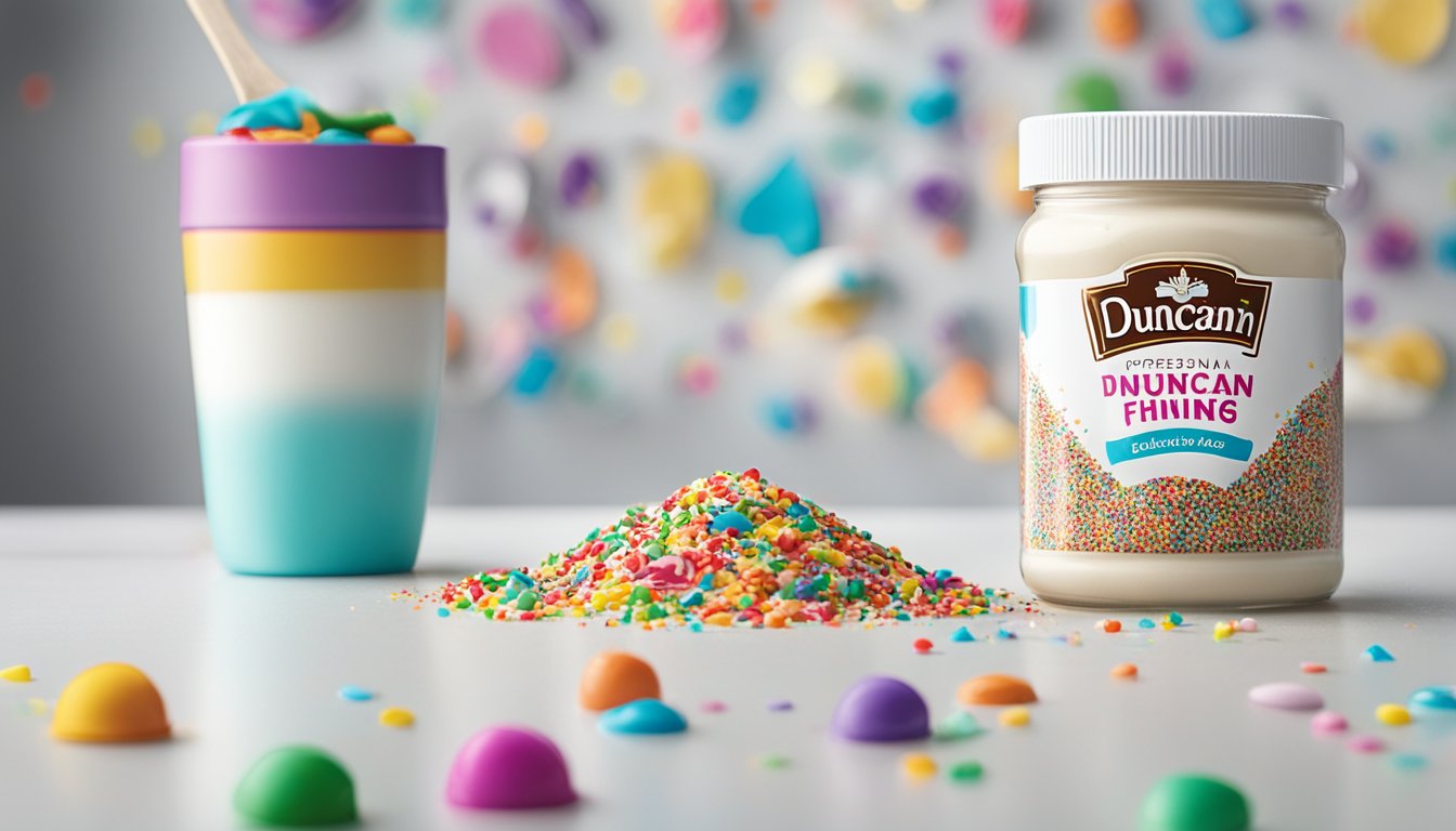 A jar of Duncan Hines frosting sits unopened on a clean, white kitchen counter, surrounded by colorful sprinkles and a spatula