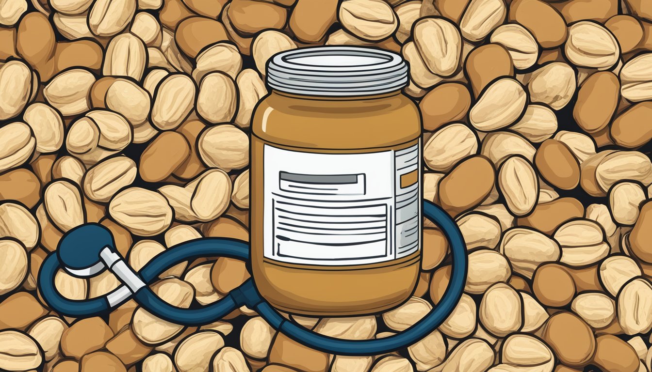 A jar of Skippy peanut butter surrounded by whole peanuts and a doctor's stethoscope, with a question mark hovering above