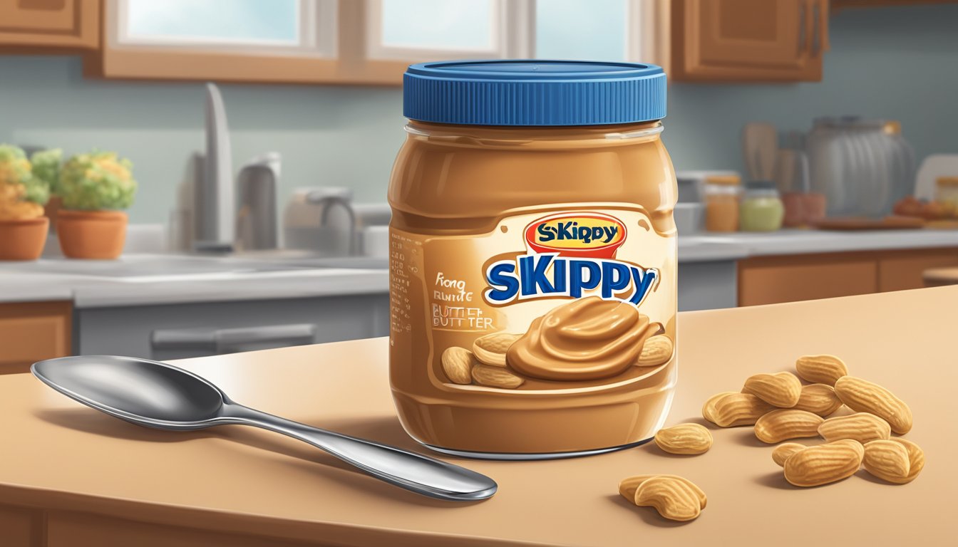 A jar of Skippy peanut butter sits open on a kitchen counter, with a spoonful of creamy peanut butter resting on the edge