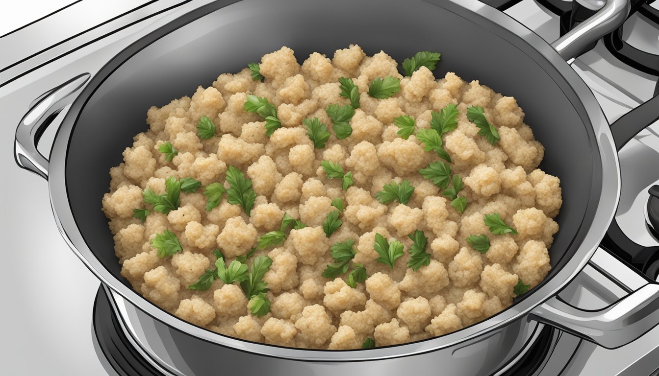 A pot of uncooked stove top stuffing sits on a stovetop, with steam rising from it. The stuffing is still raw and has not been fully cooked