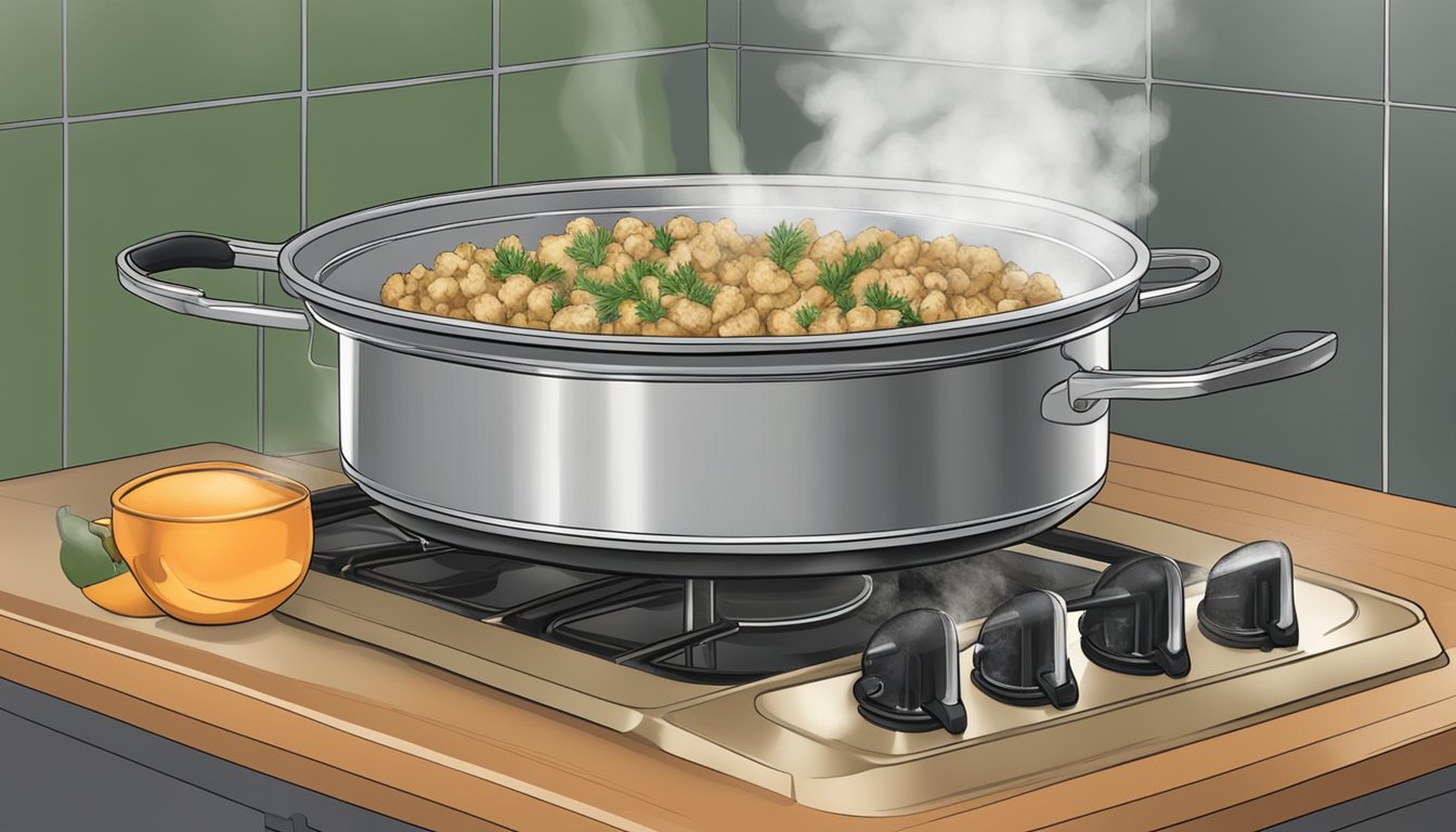 A pot of stove top stuffing sits on a stove, with a thermometer inserted to check the temperature. Steam rises from the pot, indicating it is being cooked