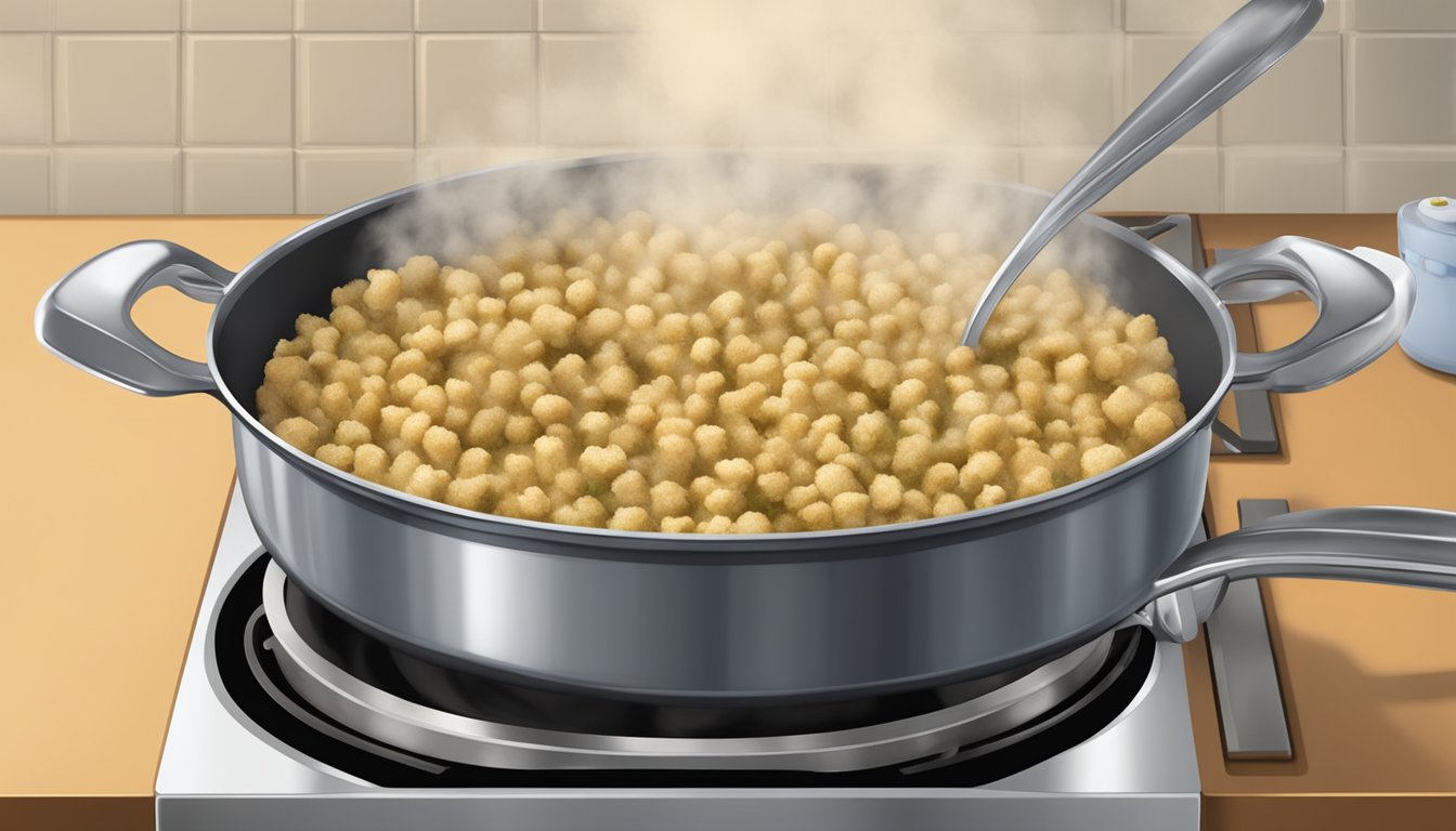 A pot of stove top stuffing bubbling on the stove, steam rising, with a fork testing the texture