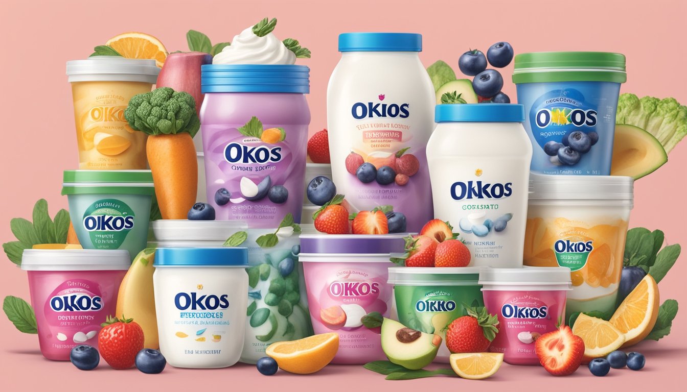 A colorful container of expired Oikos Greek yogurt surrounded by various types of probiotic-rich foods and a diverse group of healthy individuals