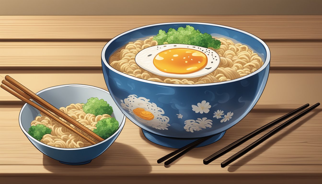 A steaming bowl of undercooked Maruchan ramen noodles sits on a wooden table, surrounded by chopsticks and a spoon