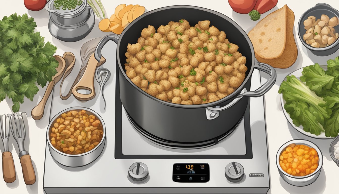 A pot of stove top stuffing sits on a stovetop, surrounded by various ingredients and utensils