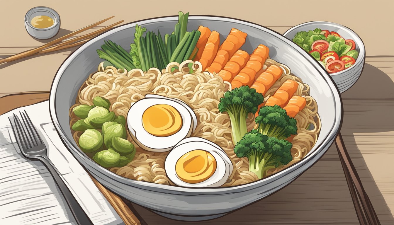 A steaming bowl of undercooked Maruchan ramen noodles with a fork resting on the side, surrounded by various fresh vegetables and a nutrition label