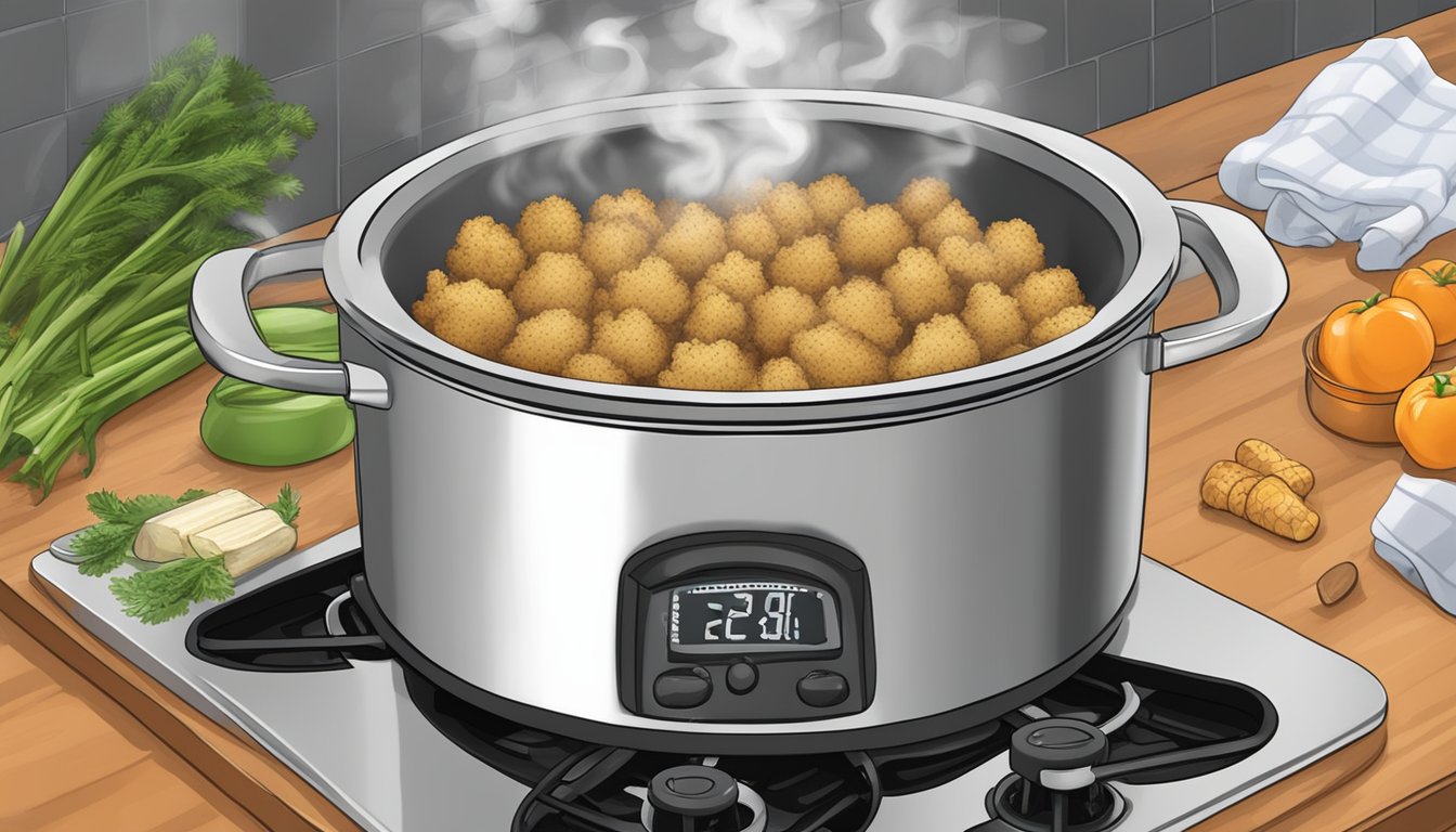 A pot of stove top stuffing on a stove, steam rising. A thermometer inserted into the stuffing, reading below the safe temperature