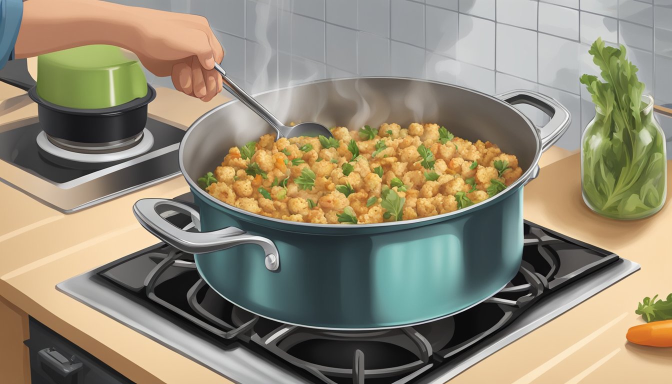 A person stirring stove top stuffing in a pot on the stove