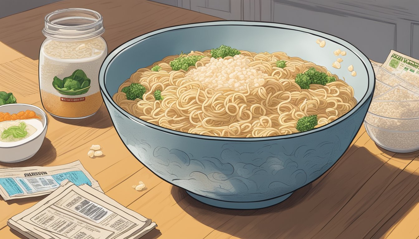 A steaming bowl of undercooked Maruchan ramen noodles sits on a table, surrounded by scattered sodium intake information and a concerned expression