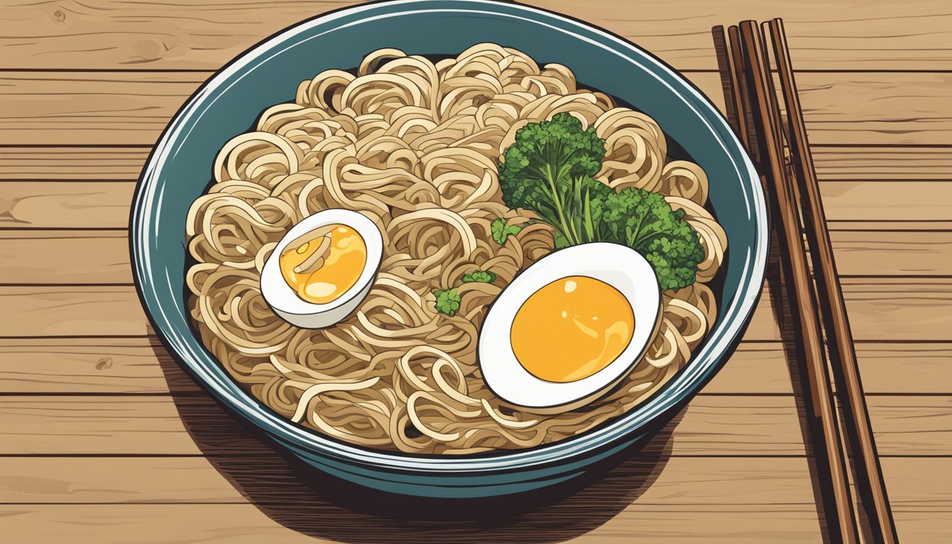 A steaming bowl of ramen noodles sits on a wooden table, surrounded by chopsticks and a spoon. The noodles are slightly undercooked, with the broth still bubbling and aromatic