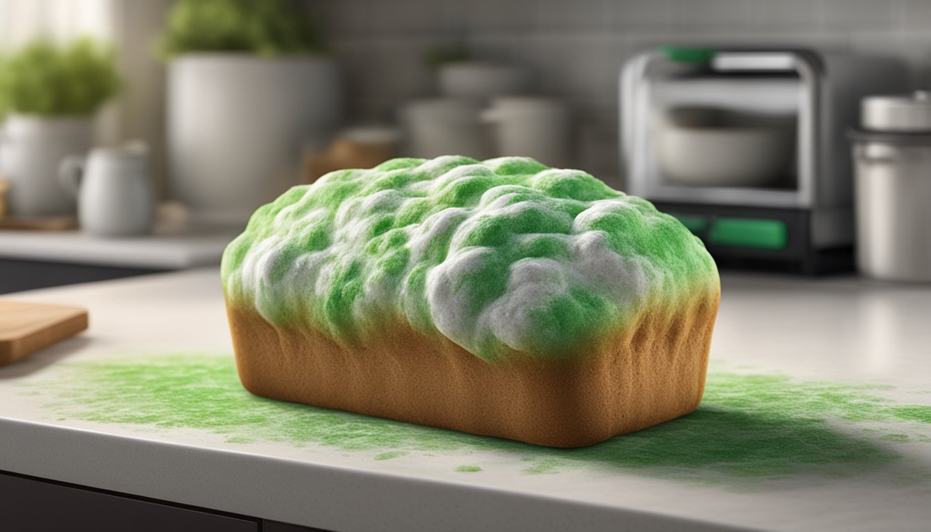 A loaf of Natures Own bread covered in green and white fuzzy mold, sitting on a kitchen counter