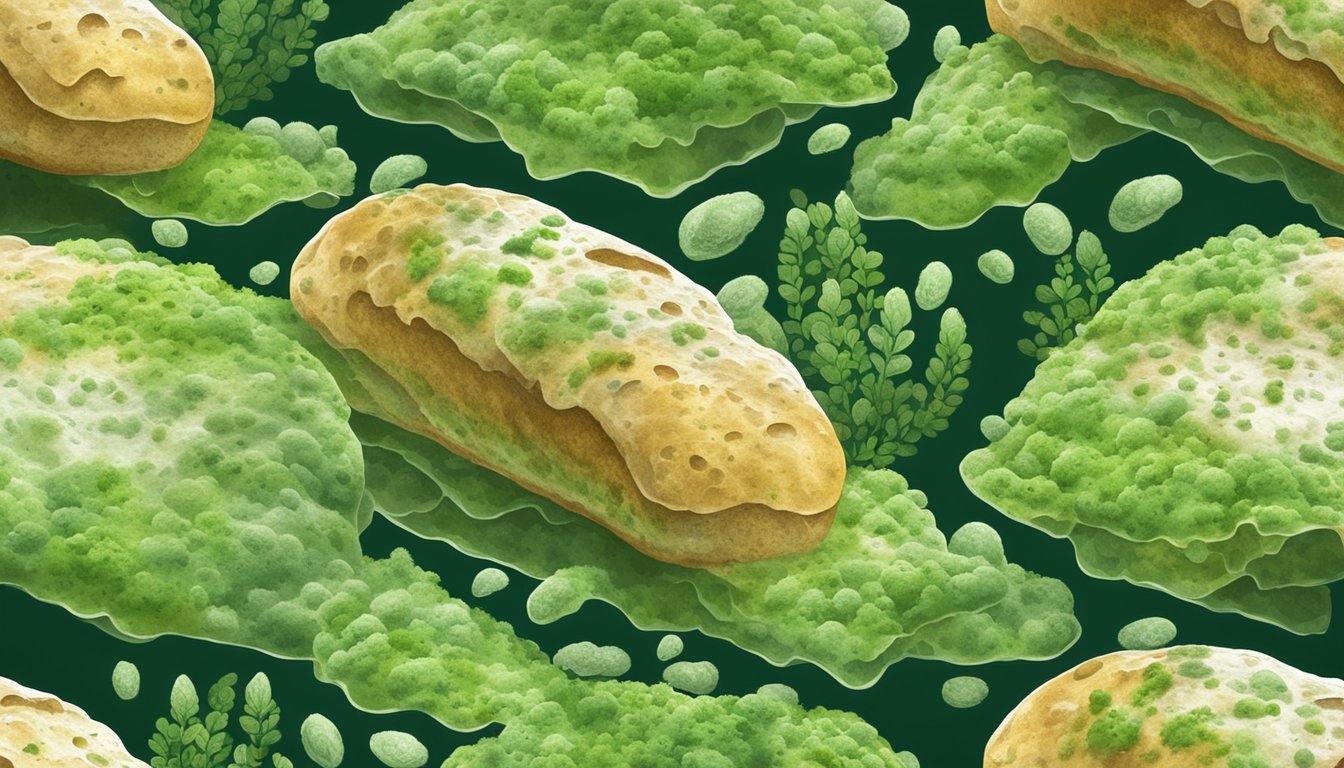 A loaf of bread covered in green and white mold, with visible spores and a musty odor