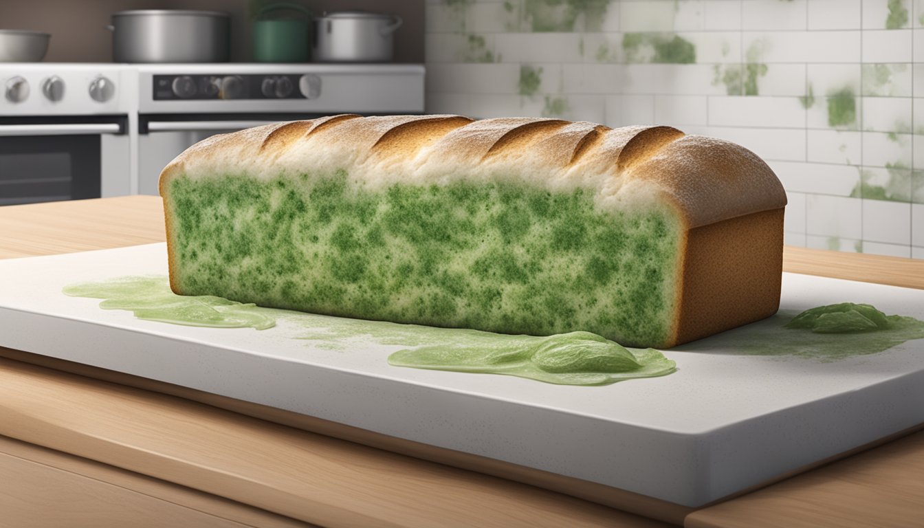 A loaf of Nature's Own bread covered in green and white mold, sitting on a kitchen countertop