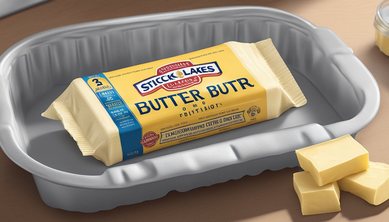 A stick of Land O'Lakes butter sits on a kitchen counter, its wrapper showing a faded expiration date