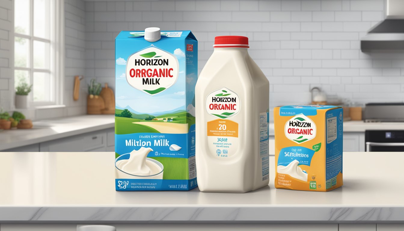 A carton of expired Horizon Organic Milk sitting on a kitchen counter, with a visible expiration date and a slightly curdled appearance