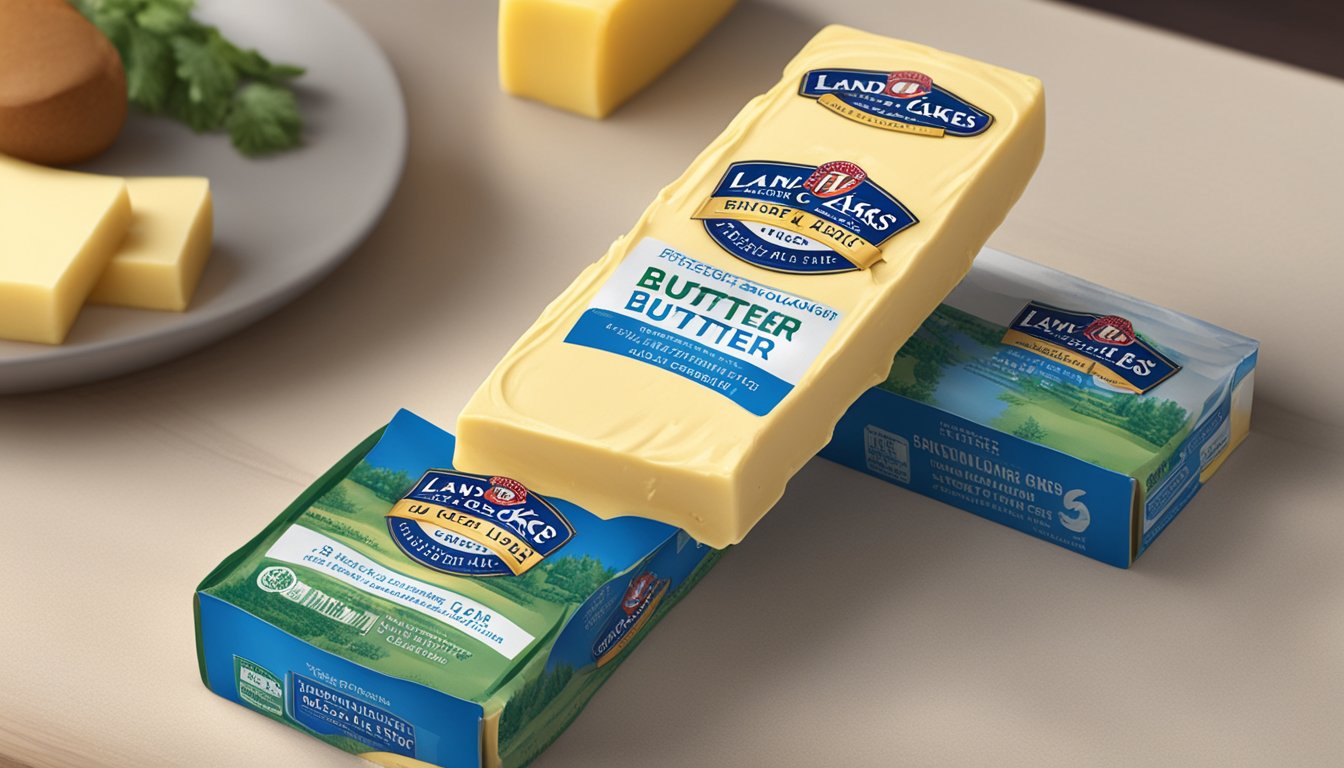 A stick of Land O'Lakes Butter sits on a kitchen counter, with the expiration date clearly visible on the packaging. The butter appears untouched and in good condition