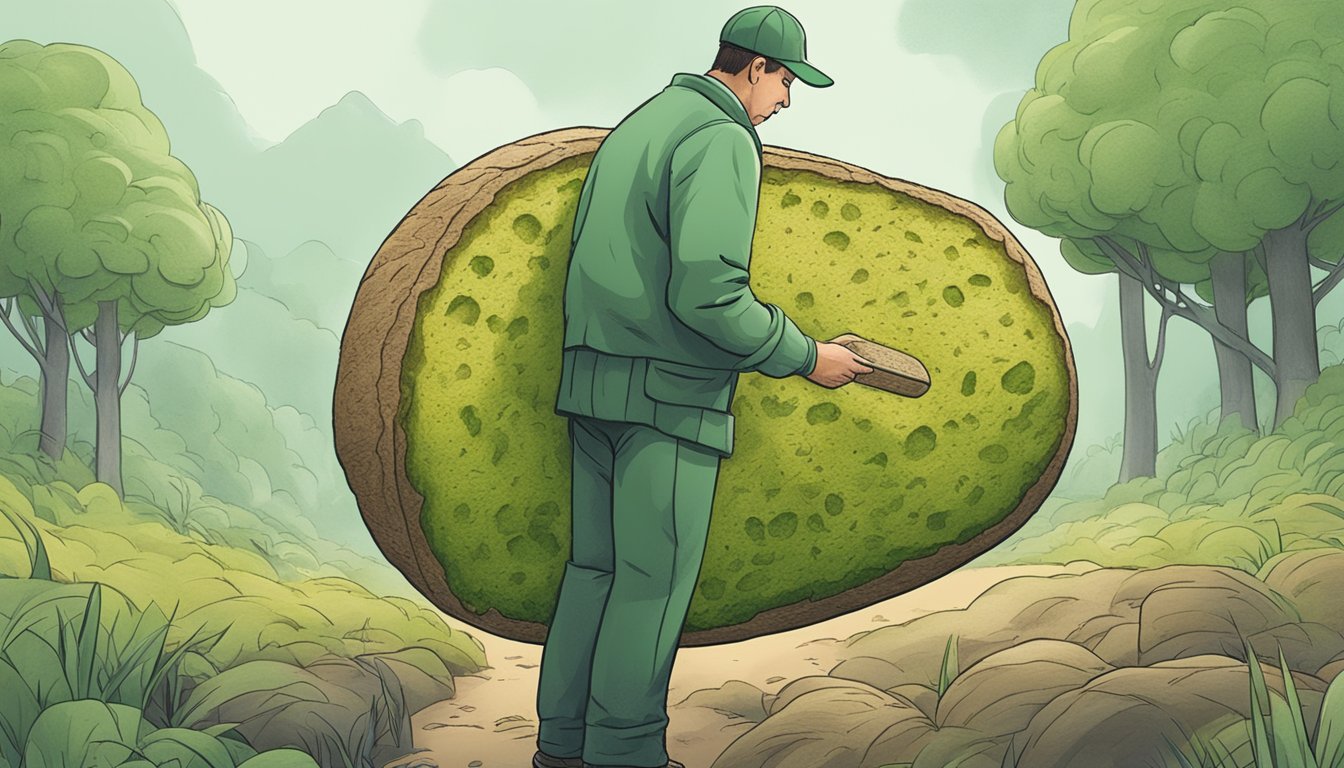 A loaf of Nature's Own bread covered in green mold, with a concerned consumer inspecting it