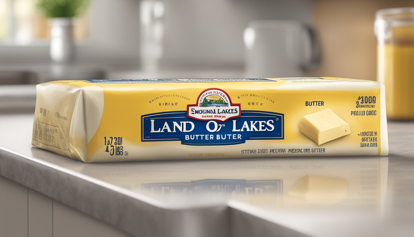 A stick of Land O'Lakes butter sits on a kitchen counter, its wrapper showing signs of wear. The expiration date is clearly visible, indicating that it has passed