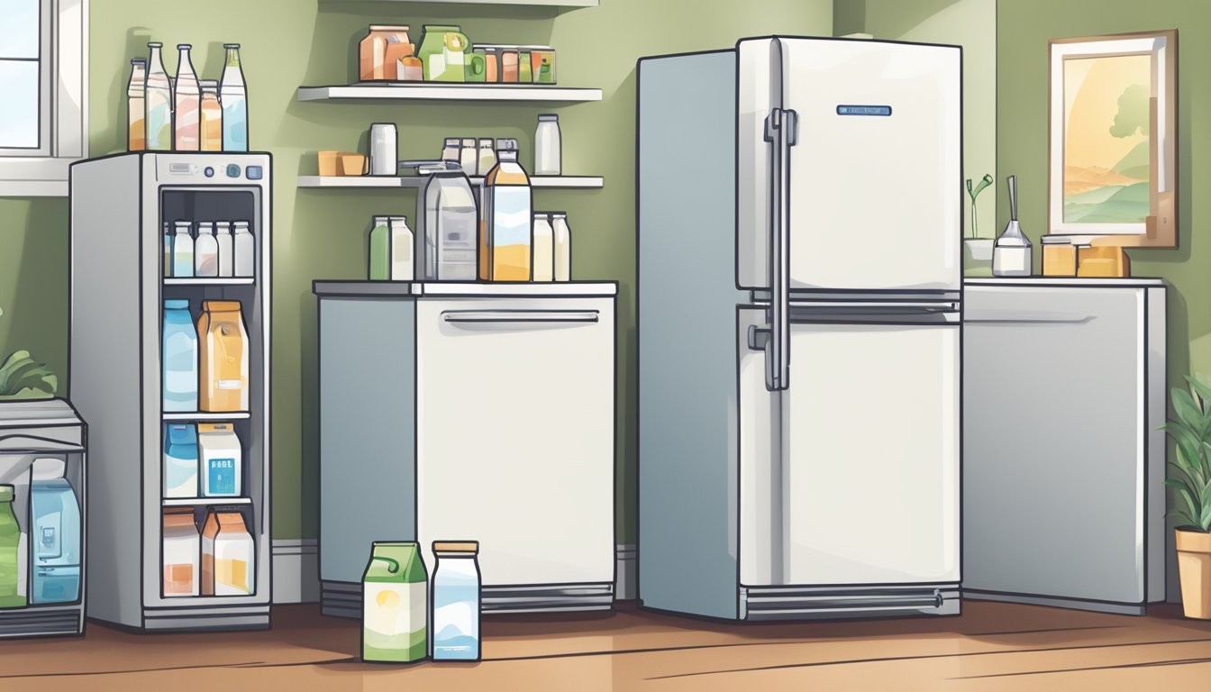 A refrigerator with various milk containers, including an expired Horizon Organic milk carton