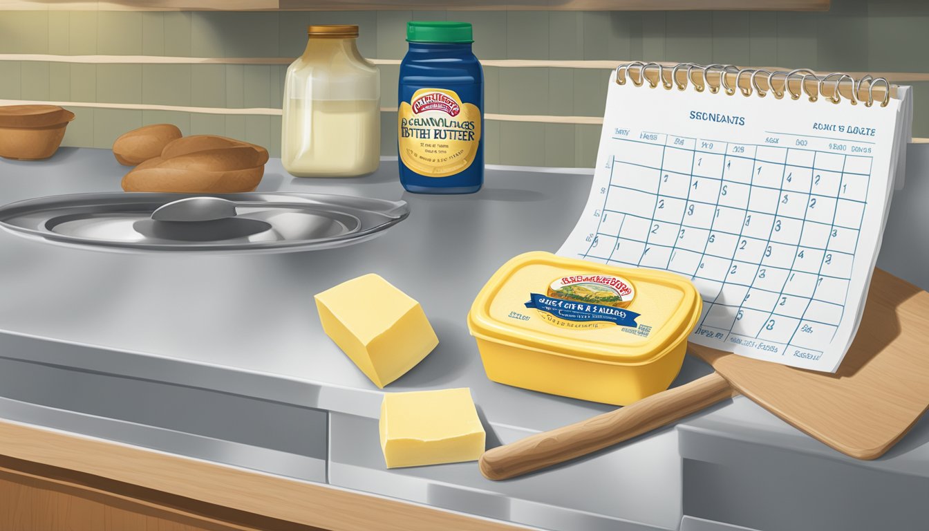 A kitchen counter with a stick of Land O'Lakes butter next to a calendar showing an expired date