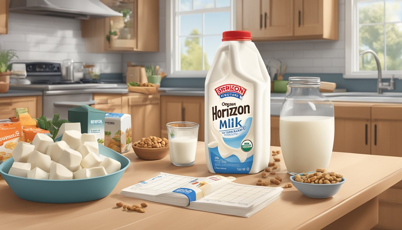 A carton of expired Horizon organic milk sits on a kitchen counter, surrounded by various food items and a calendar showing the date of expiration