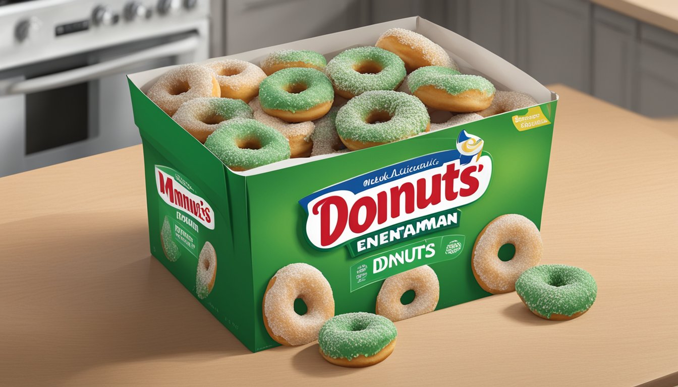 A box of moldy Entenmann's donuts sits on a kitchen counter, with visible green and white mold spots covering the surface of the donuts