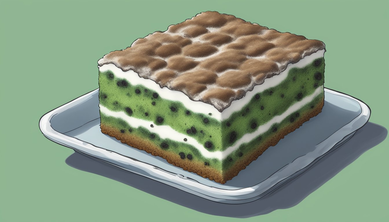 A moldy Little Debbie snack cake sitting on a plate, with visible green and white mold growth covering the surface