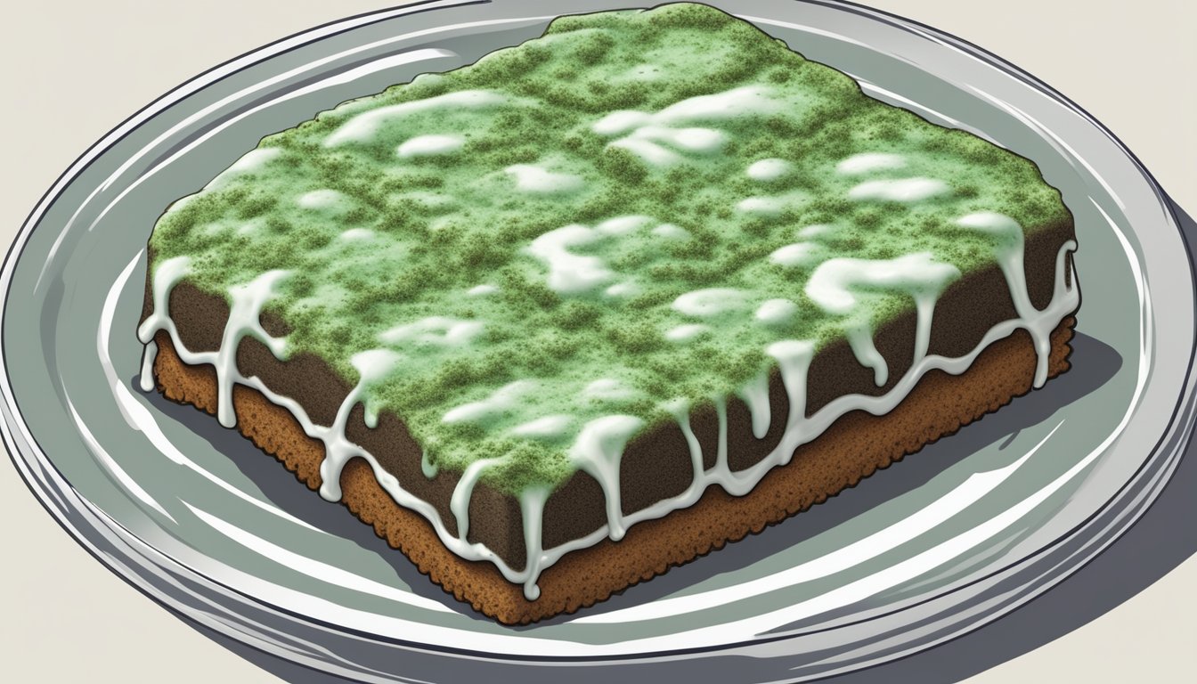 A moldy Little Debbie snack cake sitting on a plate, with visible green and white mold spores covering the surface