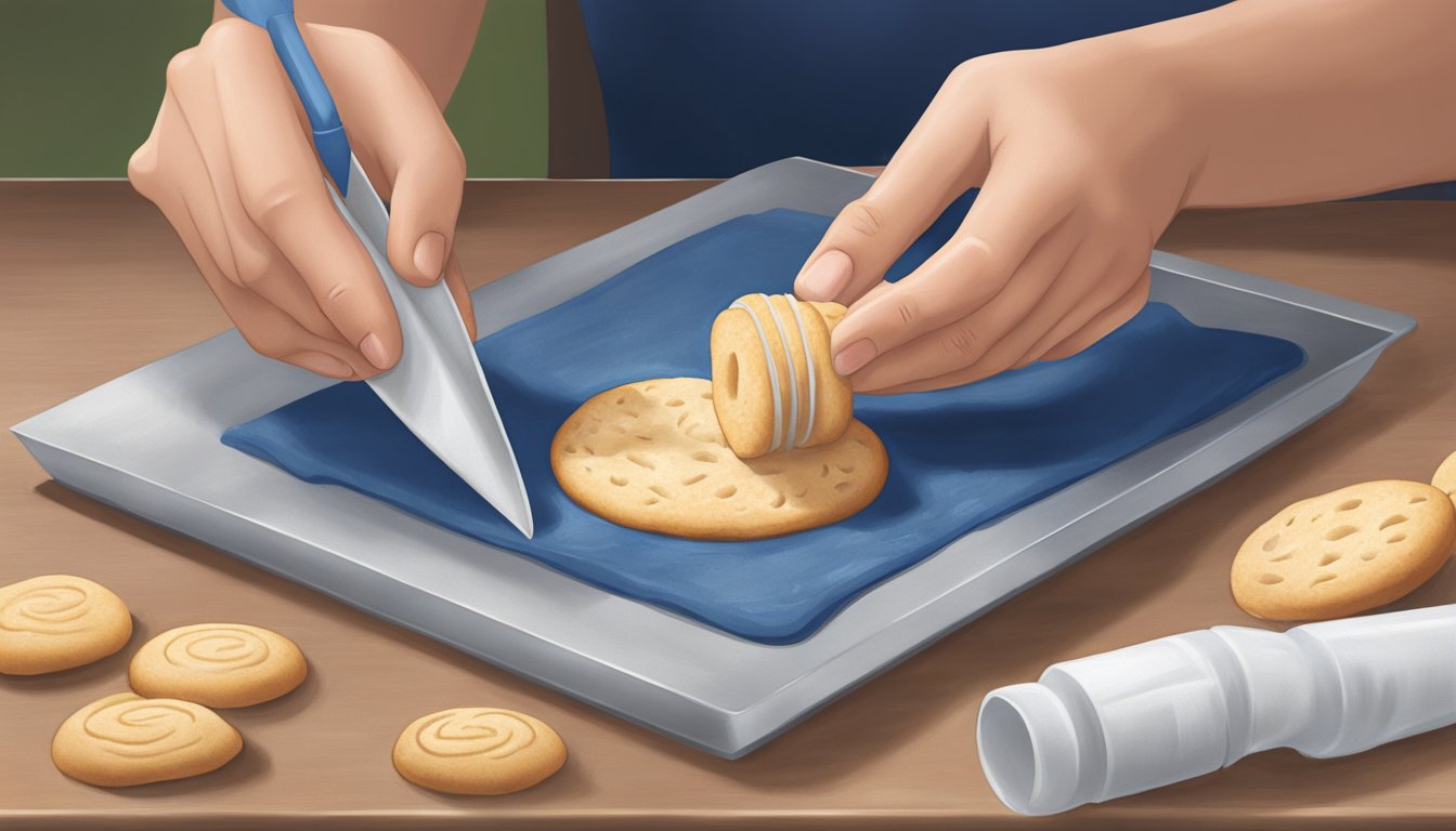 A person cutting open a tube of Pillsbury biscuit dough and examining it cautiously