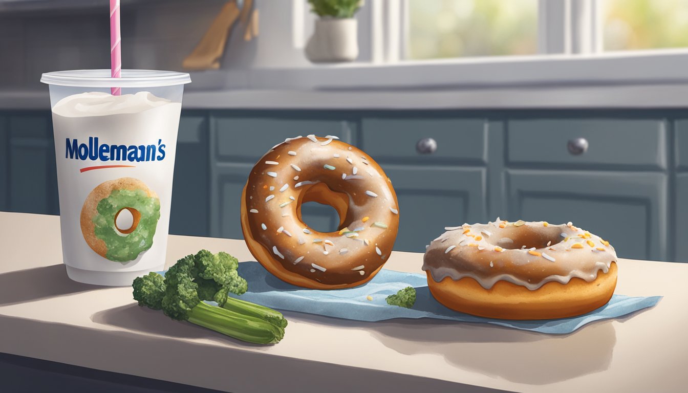 A half-eaten moldy Entenmann's donut sits on a kitchen counter next to a container of spoiled milk and a bag of rotting vegetables