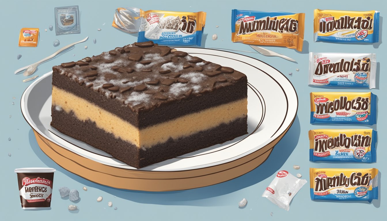 A moldy Little Debbie snack cake sits on a plate next to a warning label and a crossed-out symbol