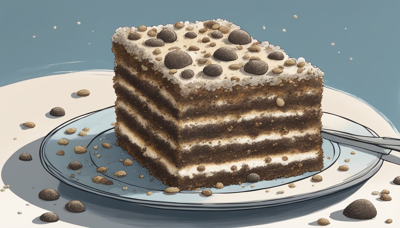 A moldy Little Debbie snack cake sits on a plate, surrounded by spores and decay