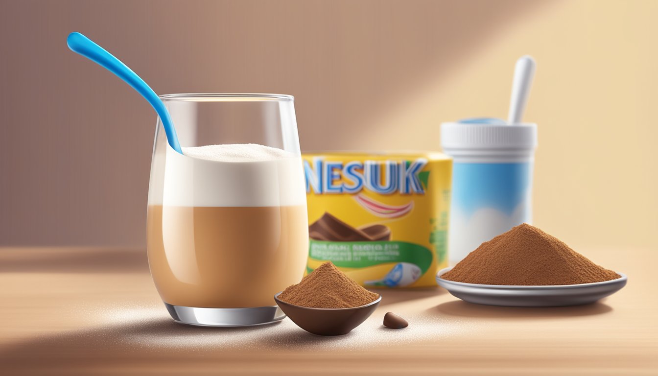 A close-up of a spoonful of Nesquik powder with a glass of milk in the background