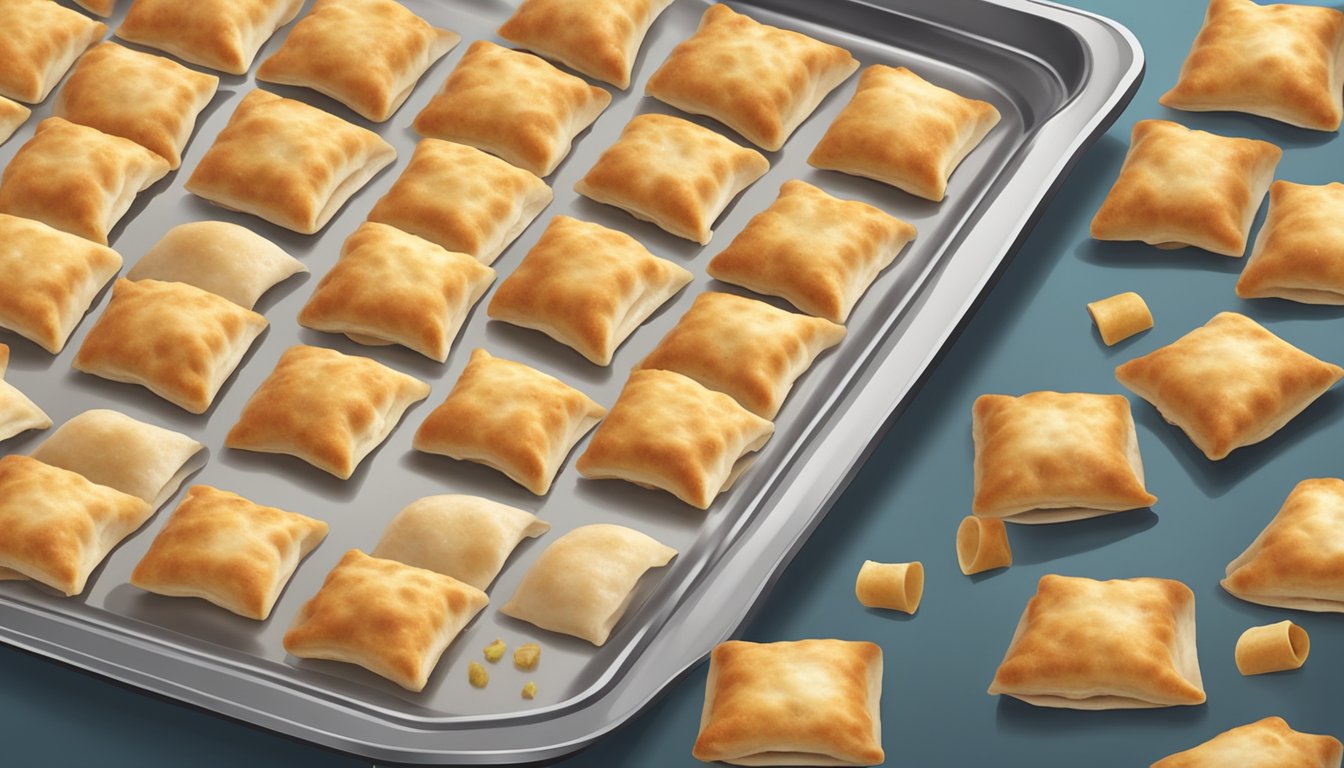 A tray of uncooked Totino's pizza rolls on a baking sheet with a timer set for the recommended cooking time