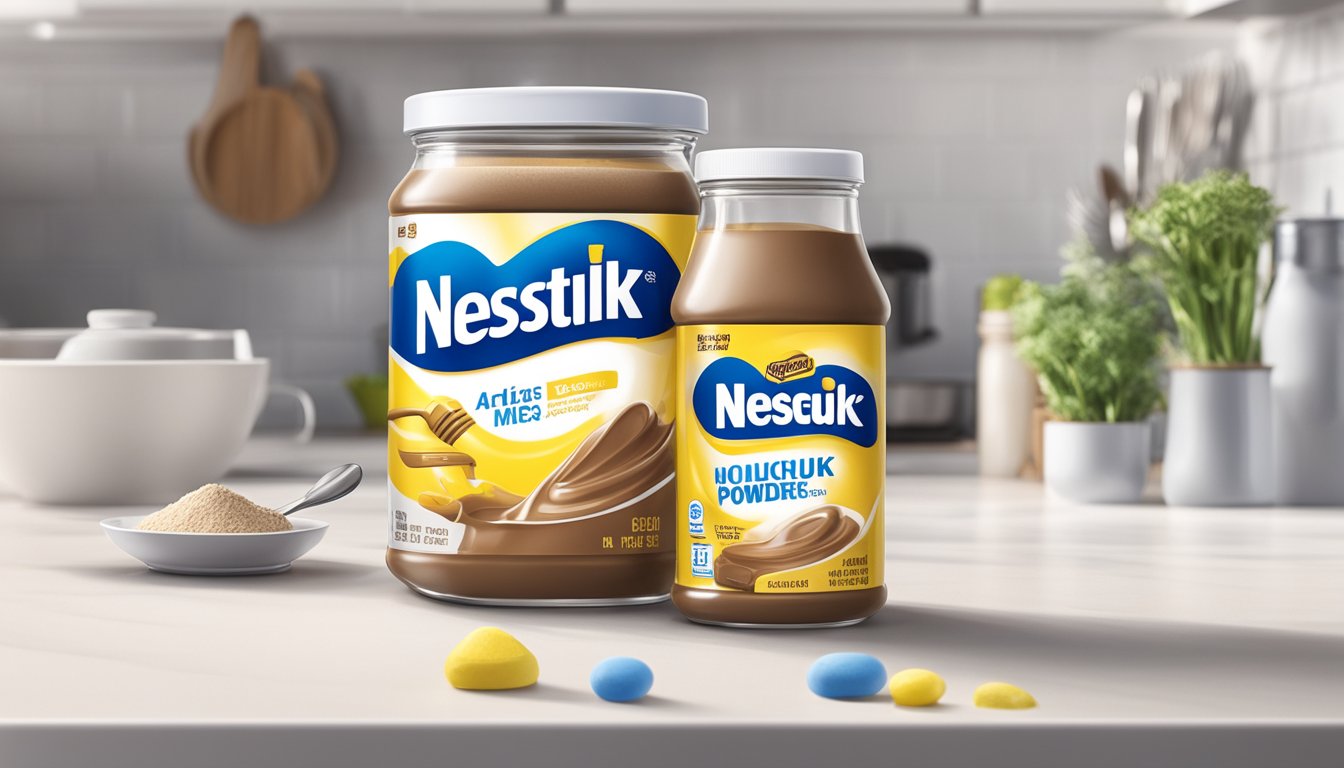 A jar of Nestle Nesquik powder sits on a clean, white kitchen counter next to a glass of milk and a spoon