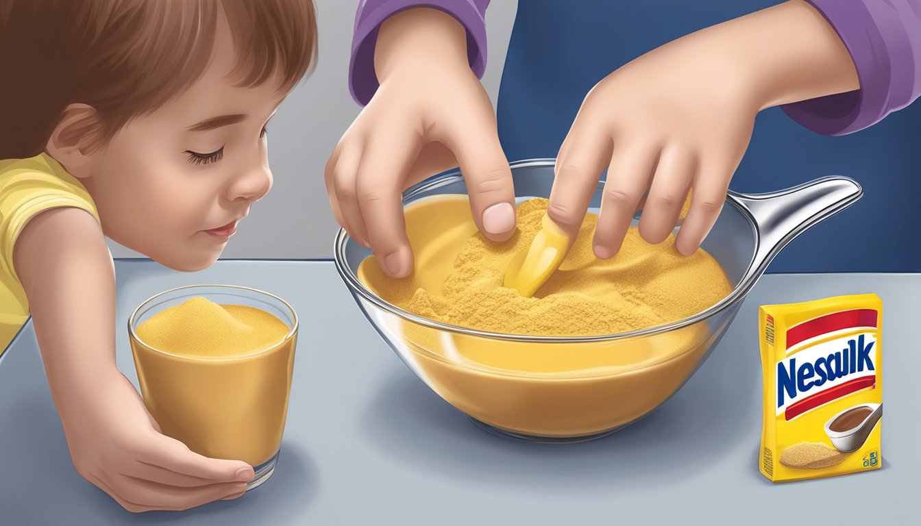 A child's hand reaching for a spoonful of Nestle Nesquik powder, with a concerned parent in the background