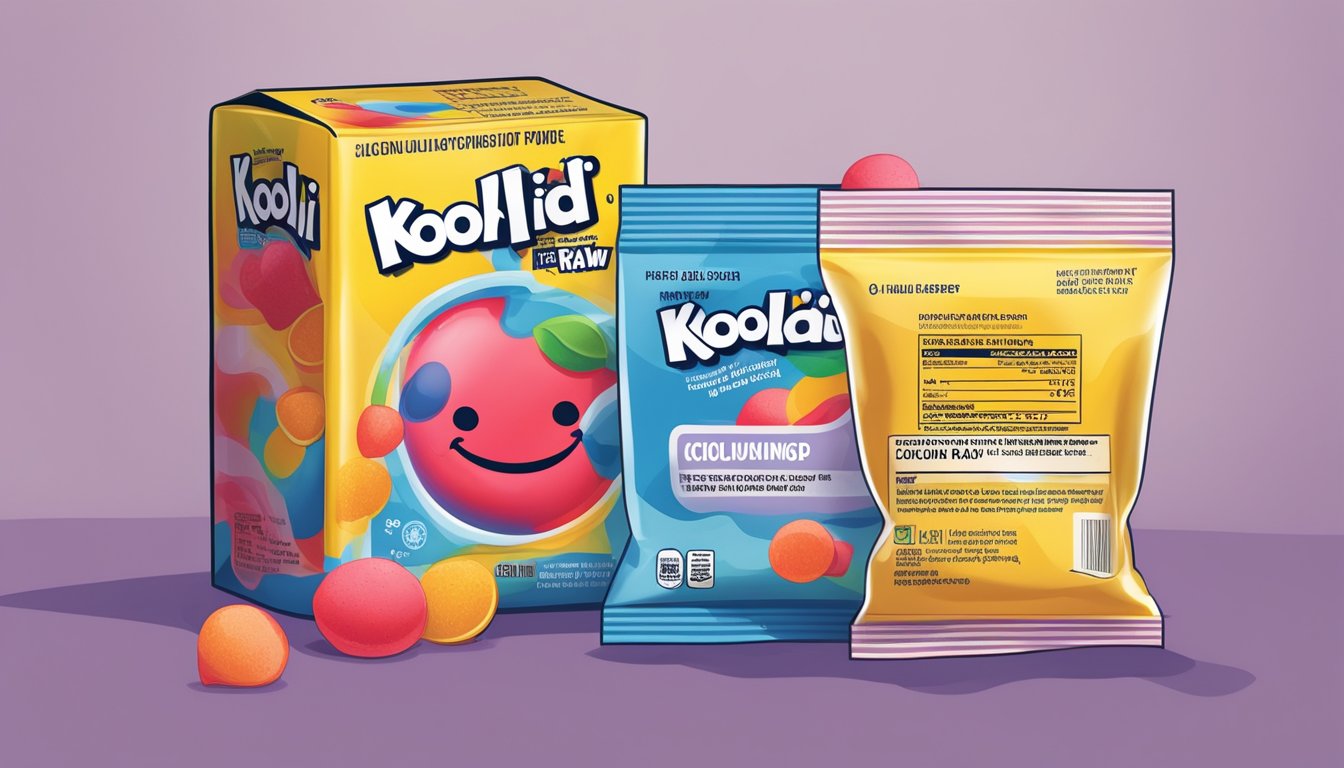 A colorful packet of Kool-Aid powder sits next to a nutrition label and a warning about consuming it raw