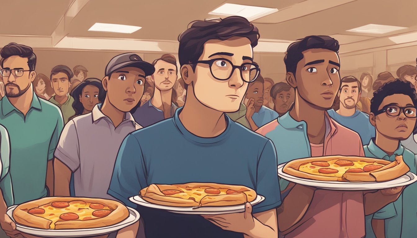 A person holding a partially eaten Totino's pizza roll with a concerned expression, while others in the community look on with uncertainty