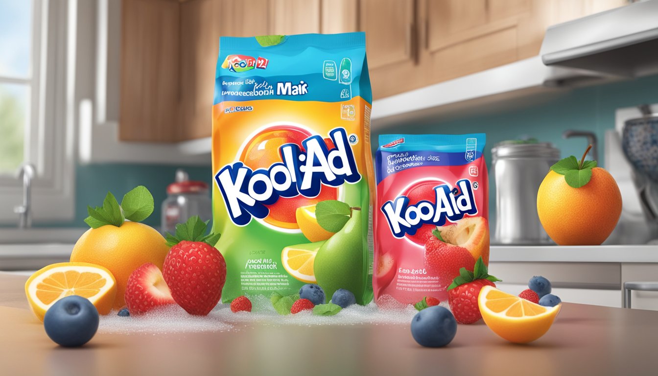 A colorful, open packet of Kool-Aid powder mix sits on a kitchen counter, surrounded by various fruit and a glass of water