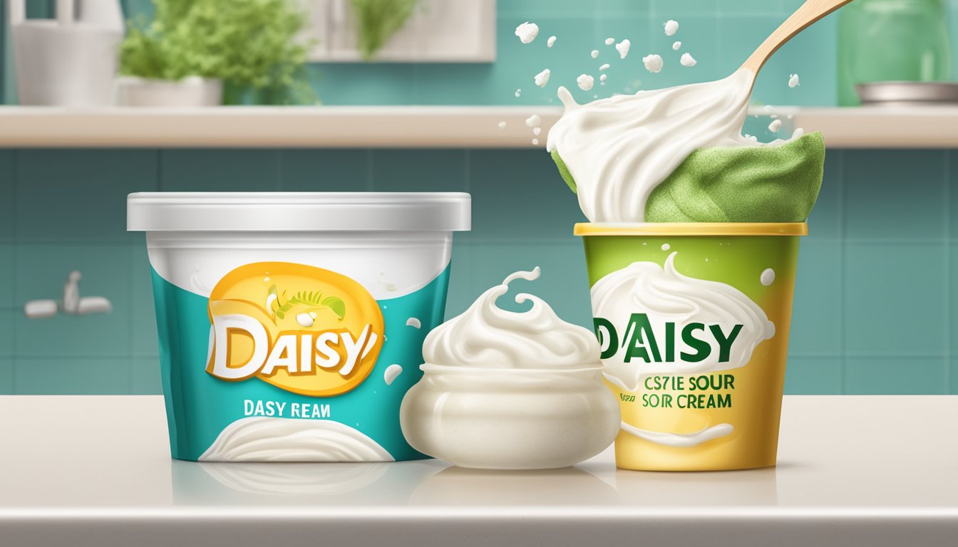 A carton of expired Daisy sour cream sits on a kitchen counter, with mold and a foul smell emanating from it