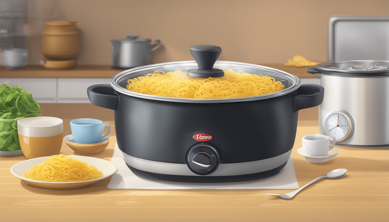 A pot of boiling water with uncooked Lipton Sidekicks pasta inside, a timer set for the recommended cooking time