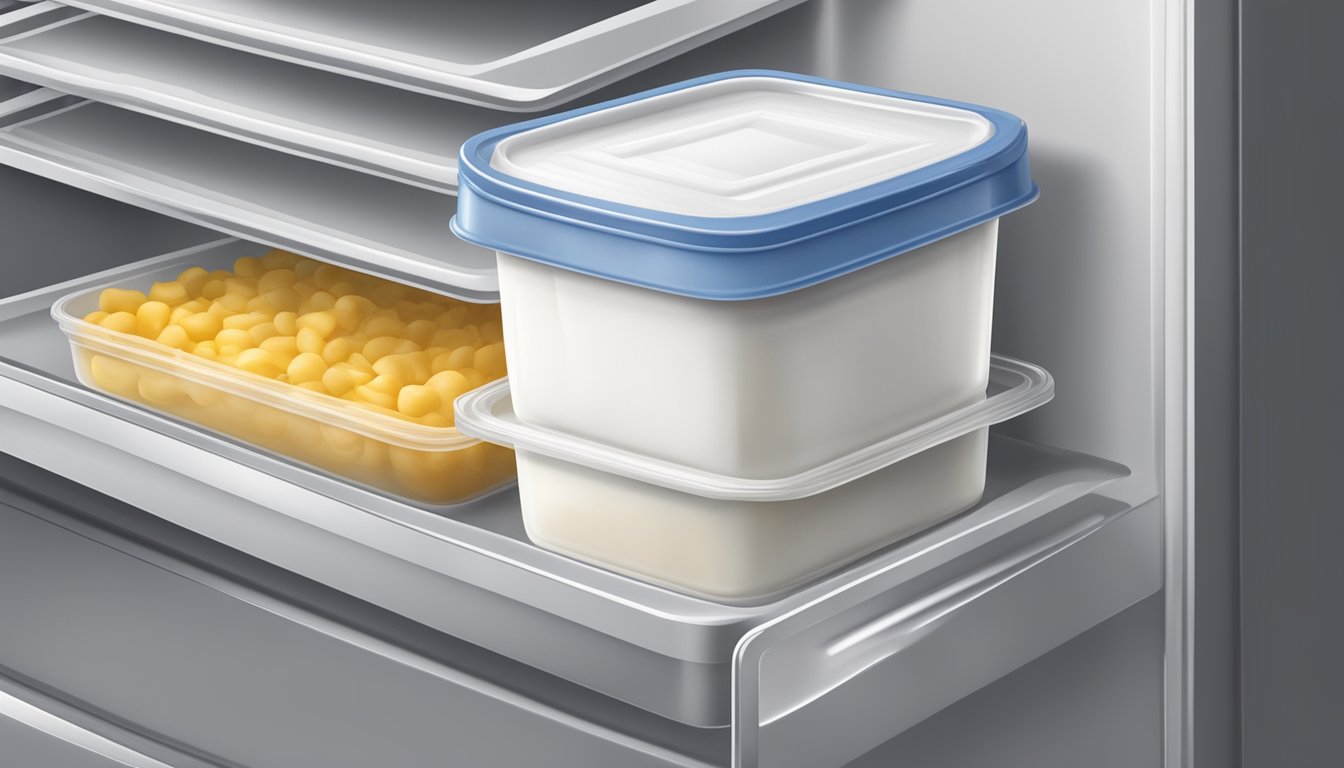 A refrigerator shelf with a container of sour cream, sealed tightly with a lid, and a label indicating the expiration date