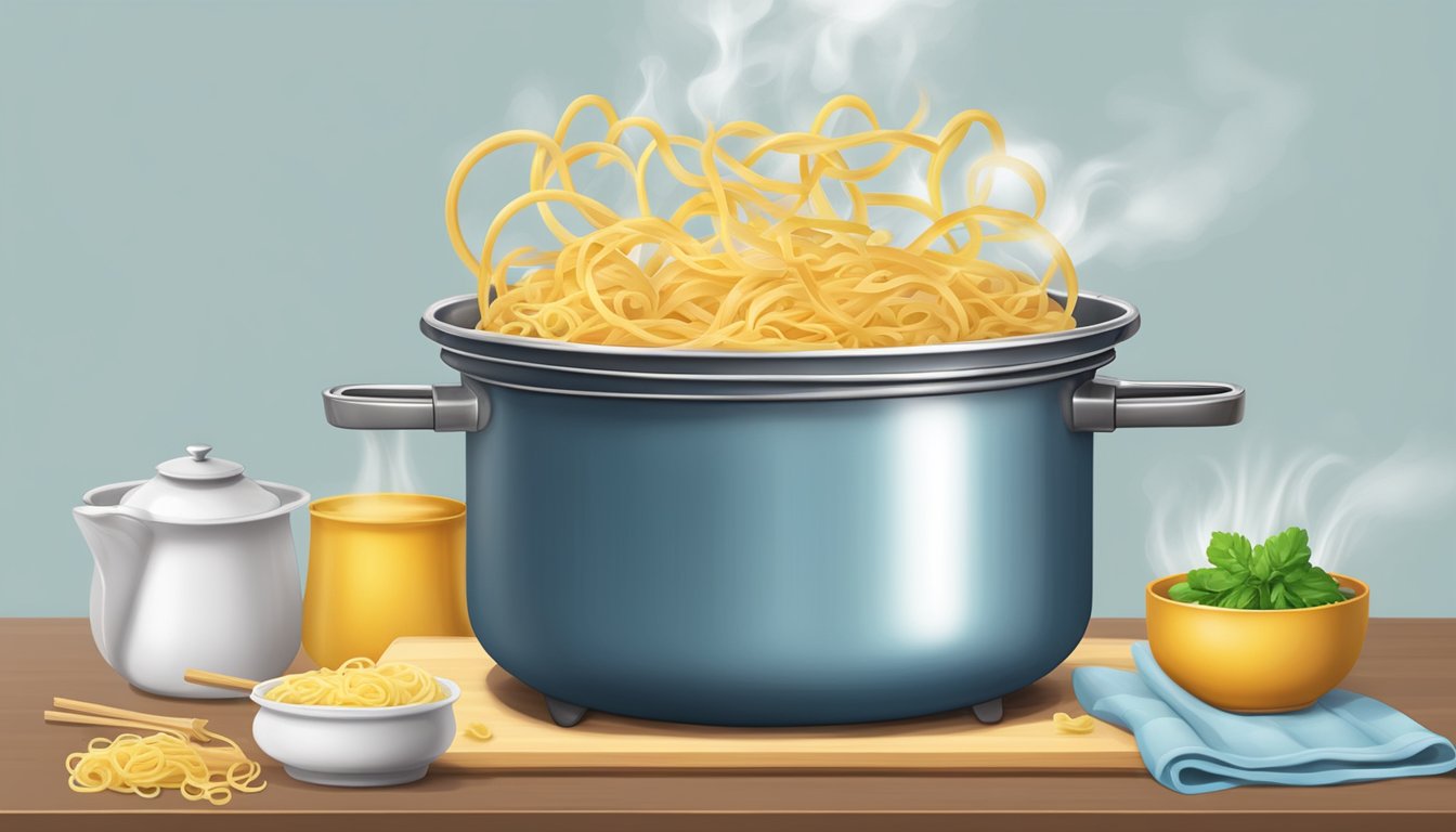 A pot of boiling water with pasta inside, steam rising