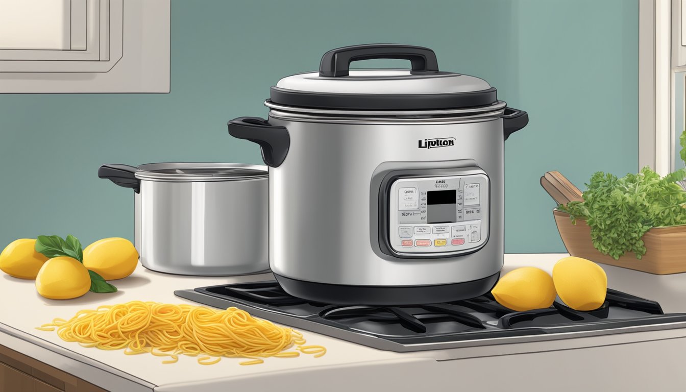 A pot of boiling water with uncooked Lipton Sidekicks pasta on the stove, a timer set nearby