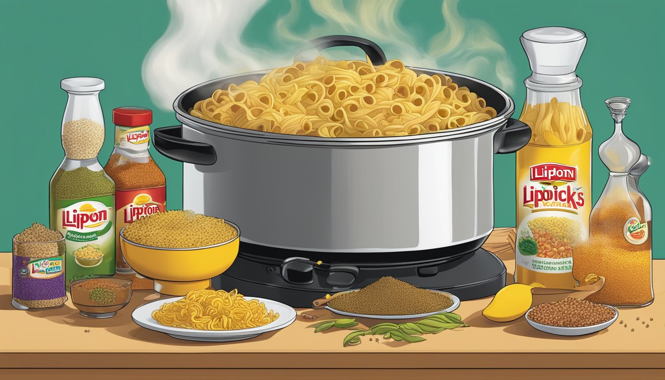 A steaming pot of Lipton Sidekicks pasta cooks on the stove, surrounded by various seasoning bottles and spices